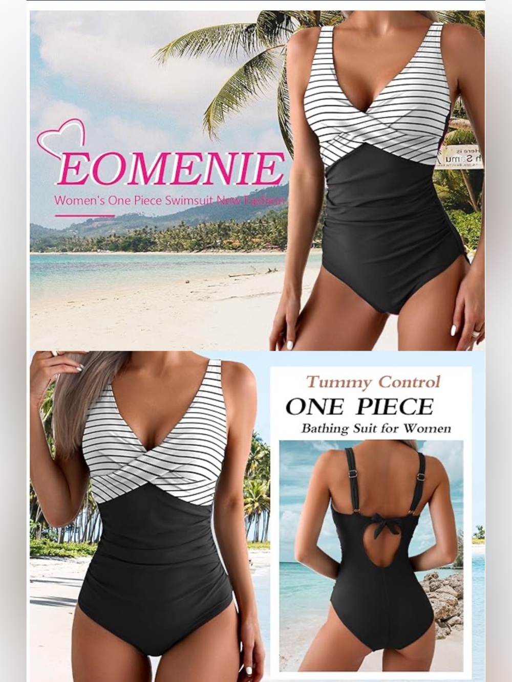 Women’s Tummy Control Ruched Push Up One Piece Swimsuit Tie Back Bathing Suit